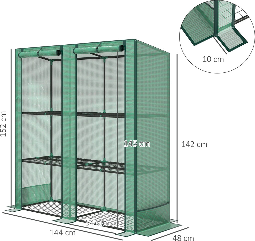 Outsunny Mini-szklarnia z 3-poziomowymi półkami, pokrywa plastikowa, UV-odporna, przenośna, drzwi rolowane, 144 x 48 x 152 cm, Zielony