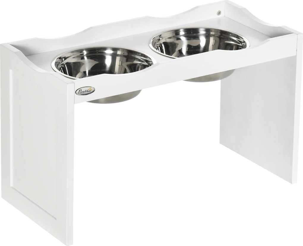 PawHut Stacja Karmienia, Podstawa na Miseczki, 2 Miseczki po 2 litry, Stal Nierdzewna, dla dużych psów, biały, 63 x 30 x 38 cm