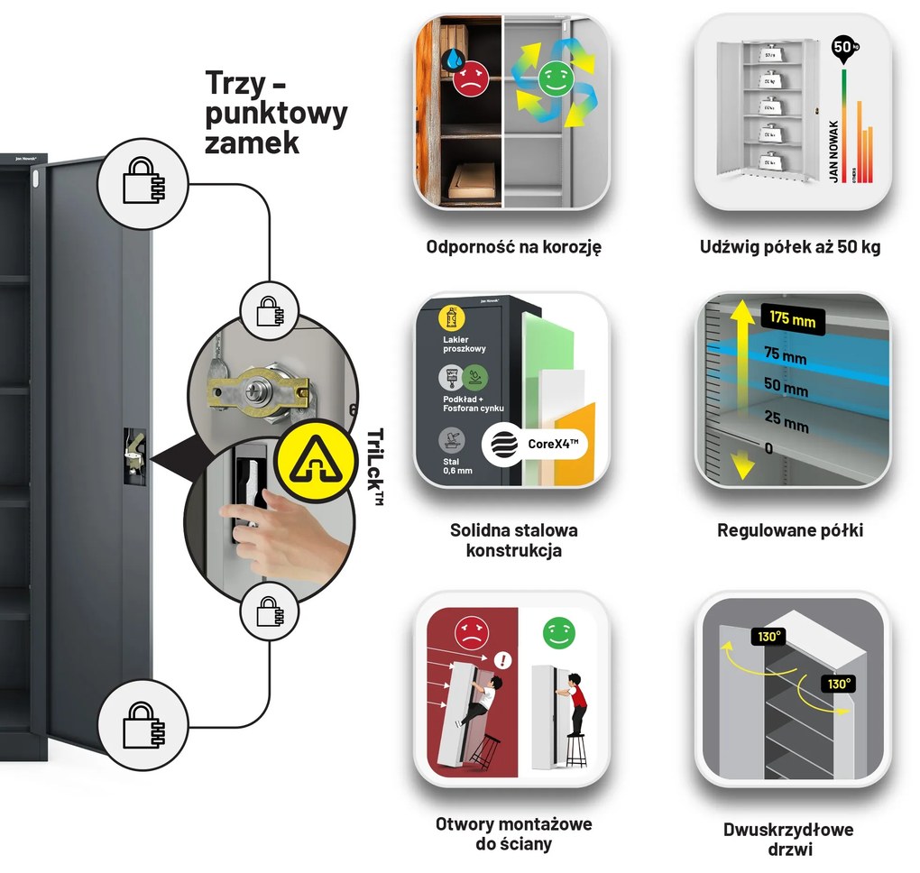 Szafa na dokumenty biurowa metalowa antracytowa: JAN H, 900 x 1950 x 400 mm