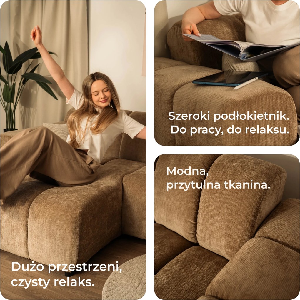 Masseno Narożnik SETIA Lewostronny, L-Kształtny, Nowoczesna Sofa narożna, Tkanina Szenilowa - Brązowy, LUMO 40