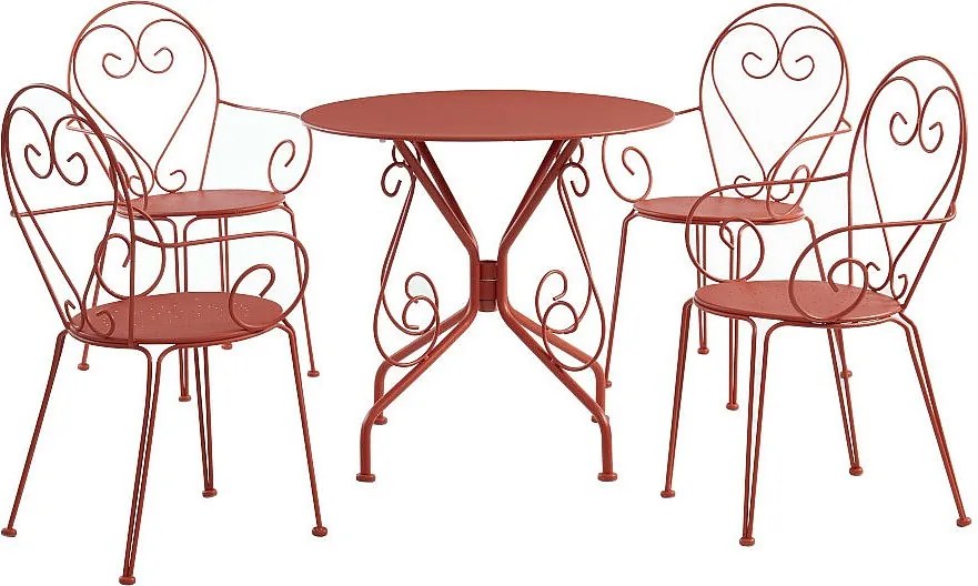 Jadalnia ogrodowa z metalu w stylu kutego żelaza: stół i 4 sztaplowane fotele w kolorze terracotta - GUERMANTES