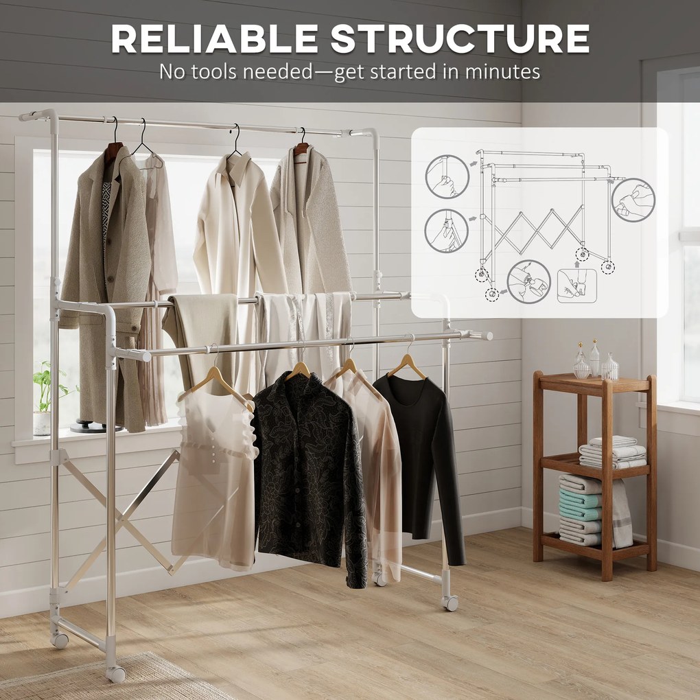 HOMCOM Stojak na pranie, składany suszarka stojąca z 3 regulowanymi prętami, stalowy wieżowy stojak na pranie na kółkach, wieża do suszenia prania do wnętrz i na zewnątrz