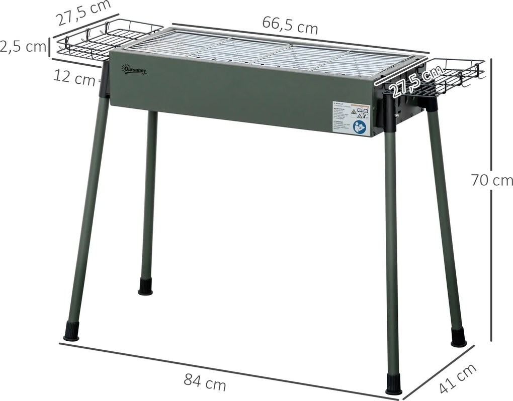 Outsunny Grill węglowy, 2x Ruszt, 1x Ruszt węglowy, 2x Kosz boczny, stal nierdzewna, zielony, 77 x 30 x 70 cm