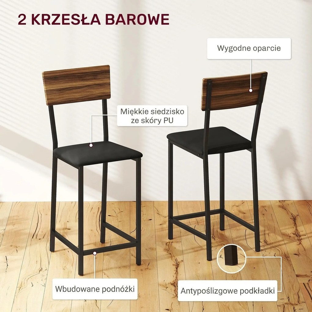 HOMCOM 3-częściowy zestaw stołów barowych, 1 stół, 2 hokery, z regałem na wino, uchwytem na szklanki, otwartymi półkami, podnóżkami, brązowy