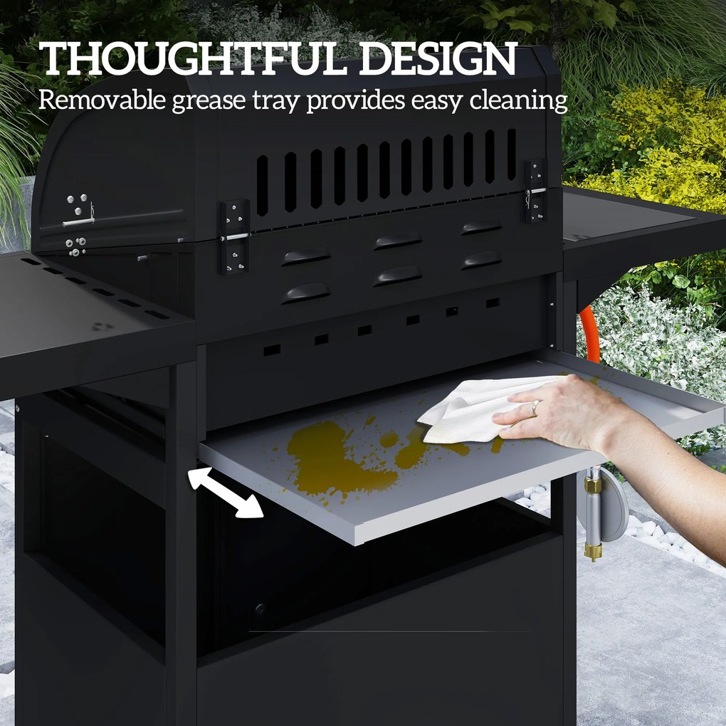 Outsunny Mobilny grill gazowy z przestrzenią do przechowywania, bocznym stołem, palnikiem bocznym, rusztem do podgrzewania, termometrem, ze stali nierdzewnej, czarny