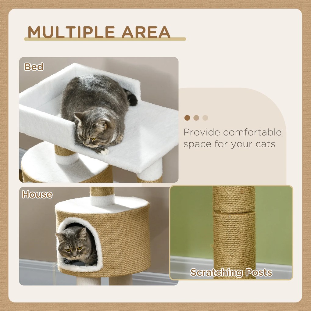 PawHut Drapak dla kotów z domem dla kota, 1 domem dla kota, 1 powierzchnią do leżenia, 70 cm x 49 cm x 79 cm, Naturalny + Biały