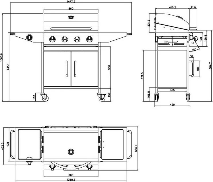 Avenberg Grill gazowy ze stali nierdzewnej z bocznym palnikiem Vermont, 136 x 53 x 105,5 cm