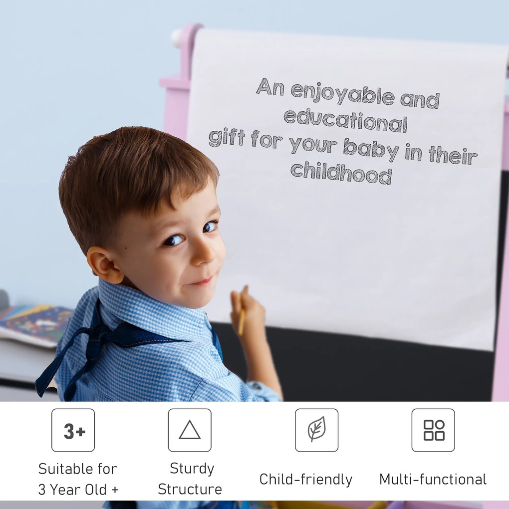 Tablica dziecięca HOMCOM tablica do rysowania dla dzieci konstrukcja 3 w 1 tablica do zabawy 2 zdejmowane kosze magnetyczne dla dzieci powyżej 3 lat MDF włóknina kolor różowy 58,5 x 50,5 x 118 cm