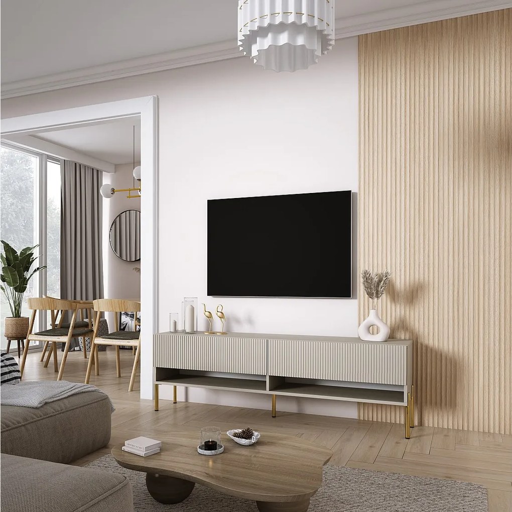 Szafka pod telewizor 170, fronty ryflowane, Kaszmir, nóżki proste złote, 170 × 32 × 52 cm