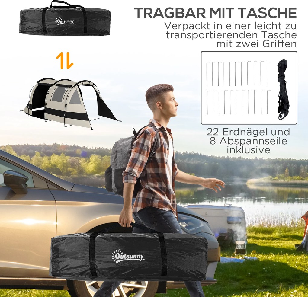 Outsunny Namiot kempingowy dla 4-5 osób, z przyciemnianymi oknami, wodoodporny, 180W x 460D x 230S cm, khaki/pomarańczowy