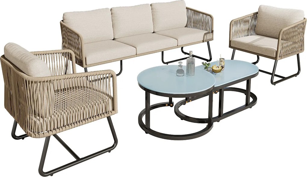 Zestaw mebli ogrodowych z ocynkowanej stali i liny - kanapa, 2 fotele i 2 stoliki nocne - Beżowy