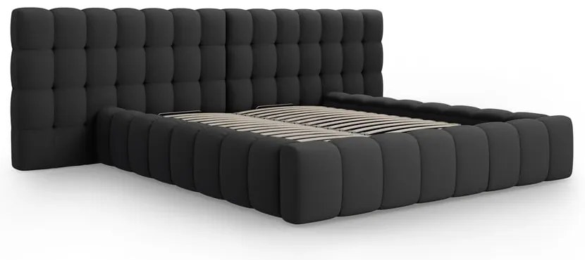 Czarne tapicerowane łóżko dwuosobowe ze schowkiem i stelażem 160x200 cm Mamaia – Micadoni Home
