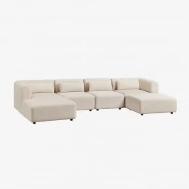 Sofa Modułowy Z Lewym Szezlongiem, 4 Częściowy Z Pufą Fogler Len Aksamit Beż Lniany - Sklum