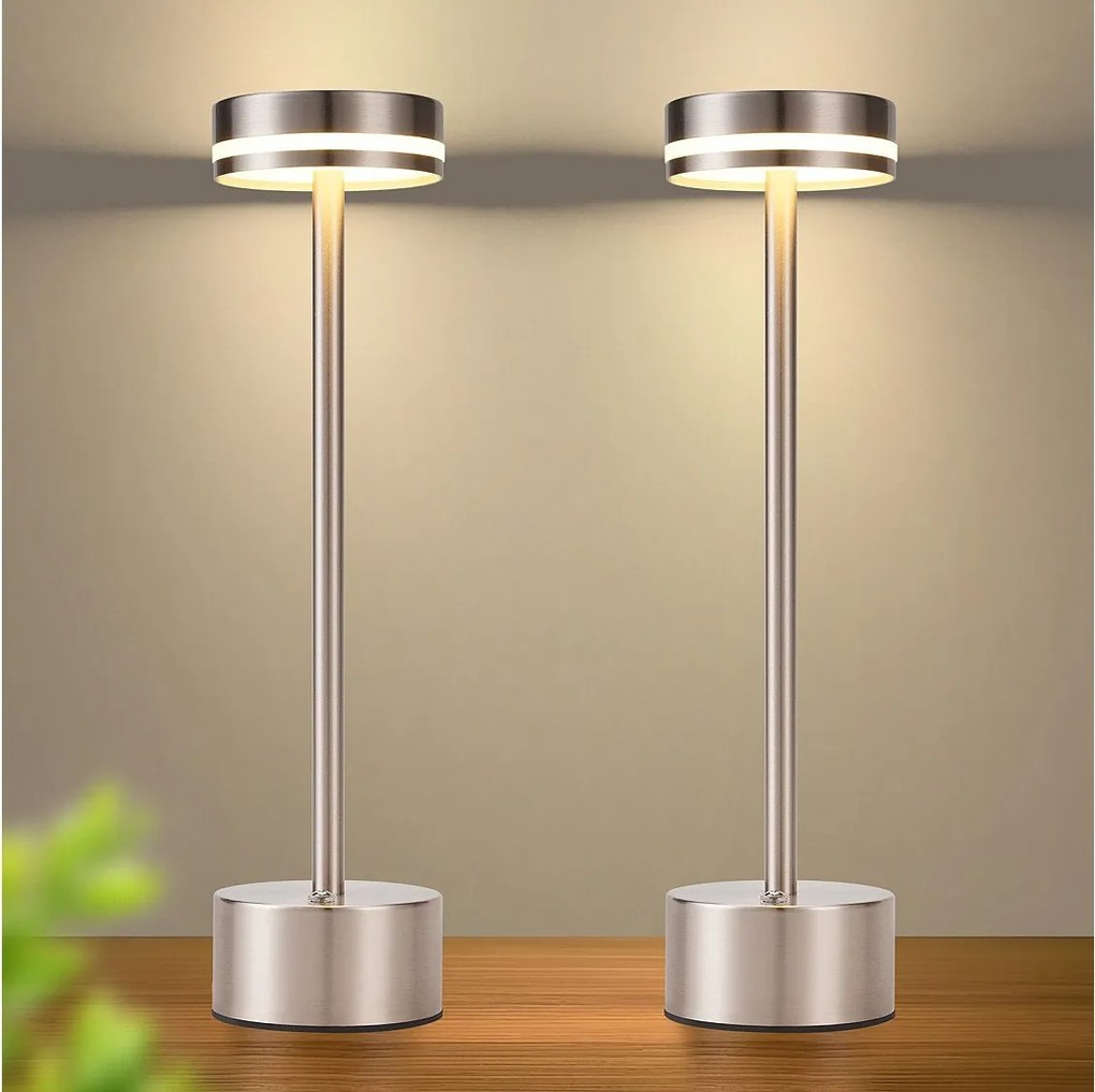 NETTLIFE Bezprzewodowa lampa stołowa LED Nettlife, zasilana bateryjnie, ściemnialna, ładowana przez USB-C, dotykowa, złota, biurkowa (srebrna, 2 sztuki)