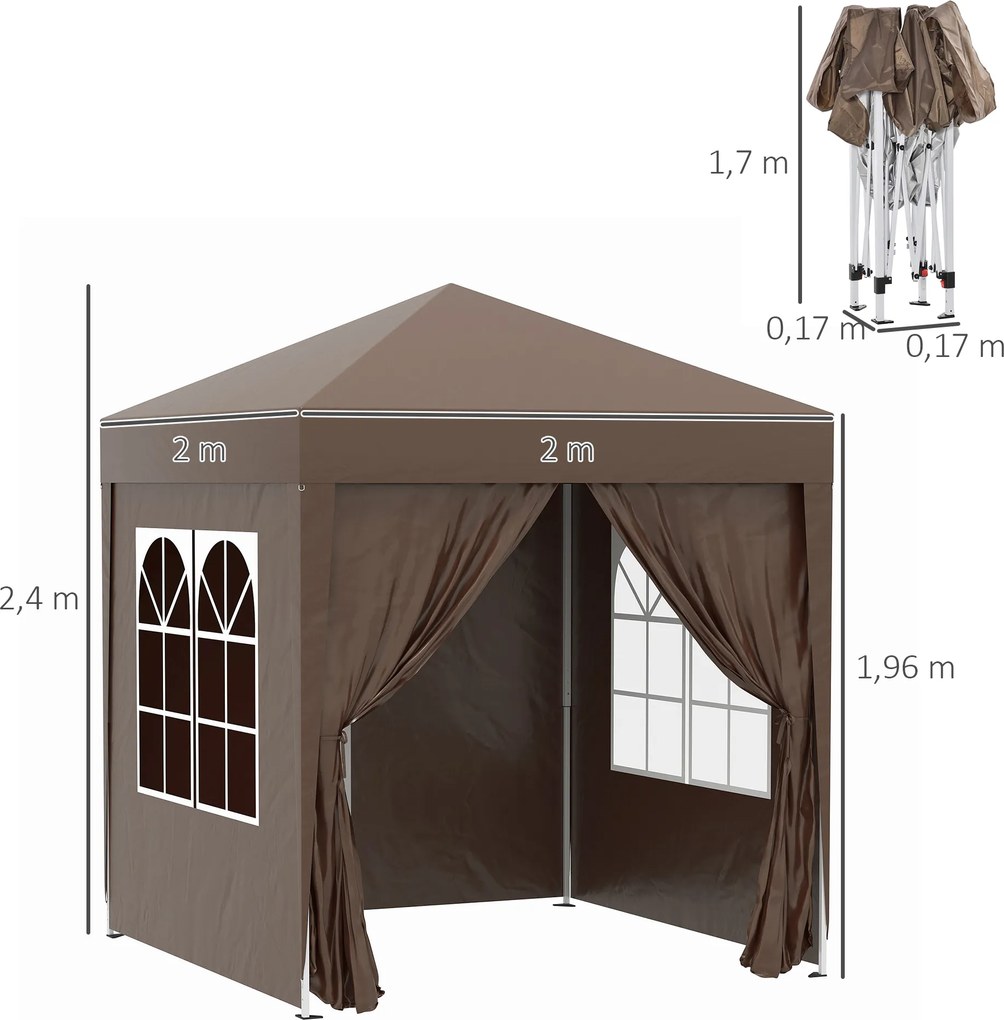 Outsunny Pawilon Składany z 4 Ścianami Bocznymi i 2 Oknami Stal Brązowy 2x2m | Aosom PL