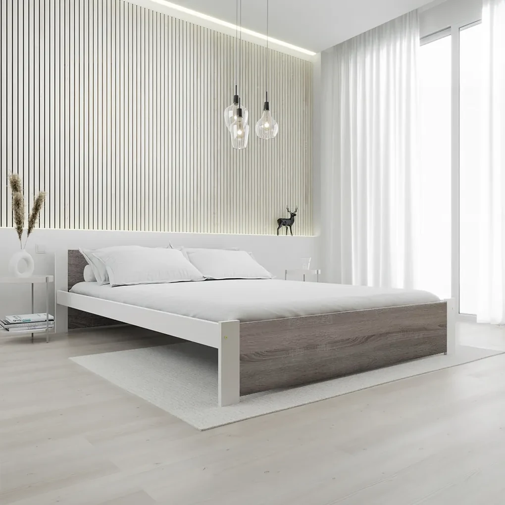 Łóżko IKAROS 160 x 200 cm, biały/dąb truflowy Stelaż: Ze stelażem listwowym rolowanym, Materac: Materac Somnia 18 cm