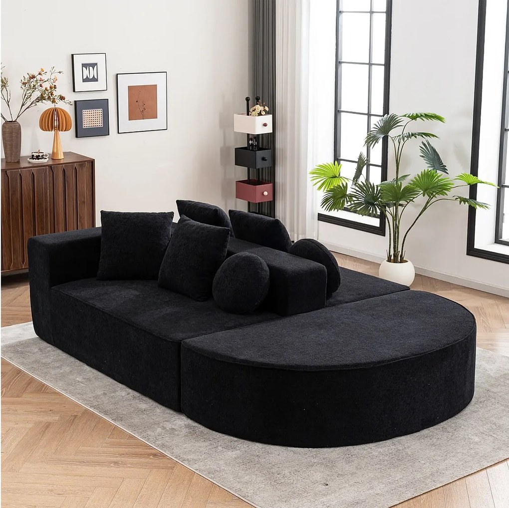 Sofa 5-osobowa – sofa segmentowa z 6 poduszkami i podłokietnikami – czarna tkanina szenilowa