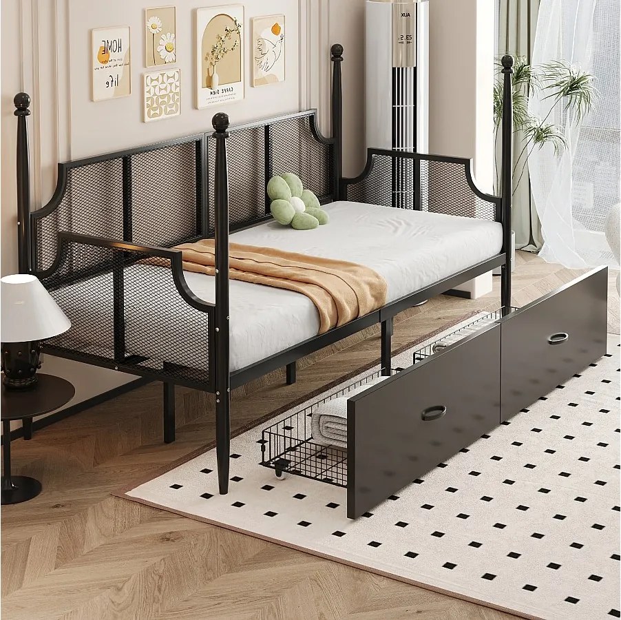 Łóżko dziecięce 90x200 cm - łóżko pojedyncze z oparciem i 2 szufladami - czarne