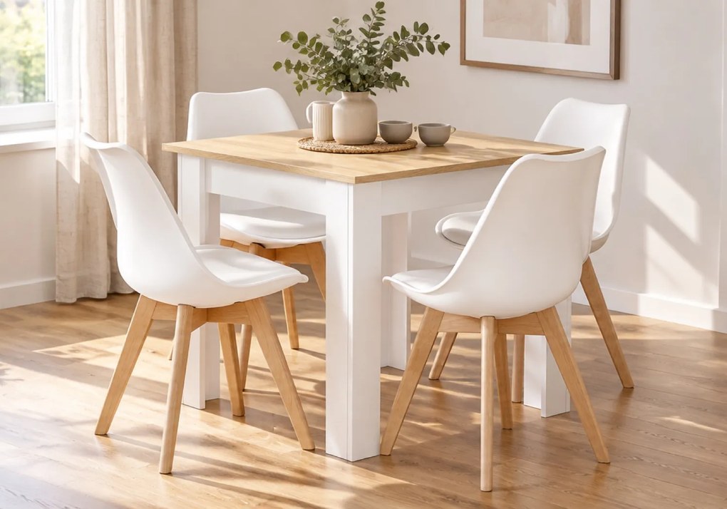 Zestaw stół i 4 krzesła Savio 085, 80x80 cm, dąb sonoma/biały, krzesła białe