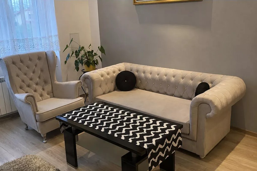 Stylowy zestaw wypoczynkowy - Kanapa Chesterfield Asti + Fotel uszak głęboko pikowany