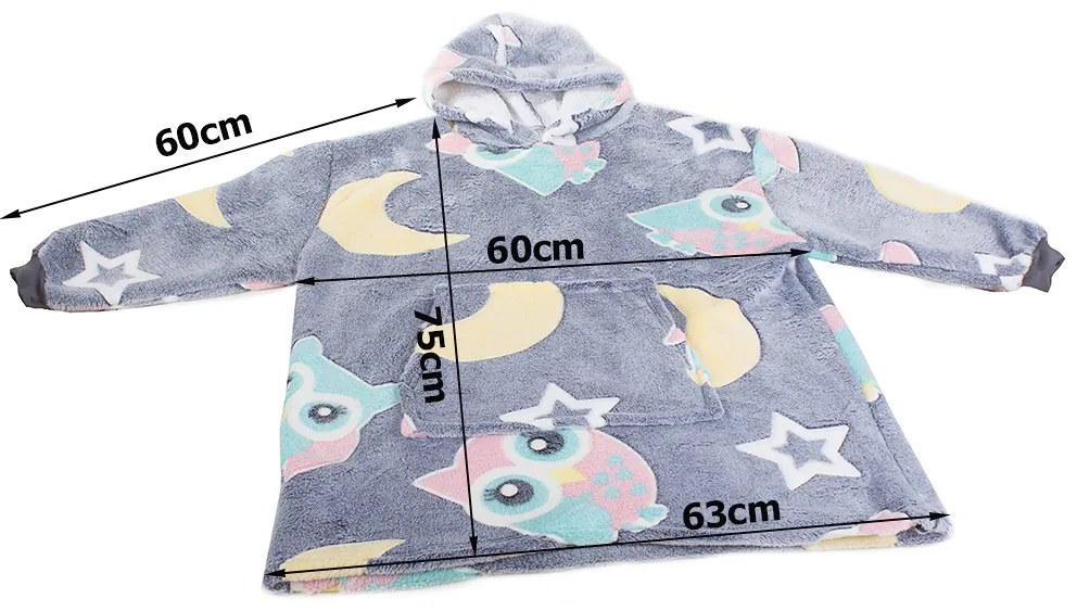 Dziecięca świecąca bluza kocowa z rękawami i kapturem SHINING OWL szara