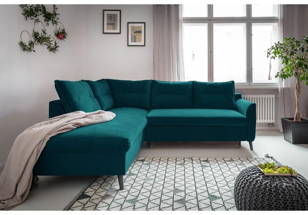 Turkusowy aksamitny narożnik rozkładany Miuform Stylish Stan L, lewostronny