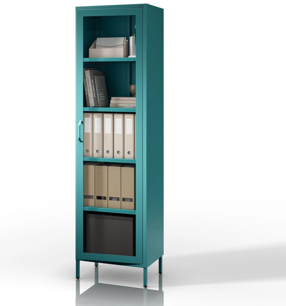 Witryna szklana do salonu wąska morska / turkusowa Modern LUIGI 500 x 1800 x 350 mm