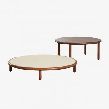 Zestaw 2 Okrągłych Stolików Kawowych Z Drewna Akacjowego Olivia Kremowa Semoline - Ciemny Akacjowy Brąz & Ciemny Akacjowy Brąz - Sklum