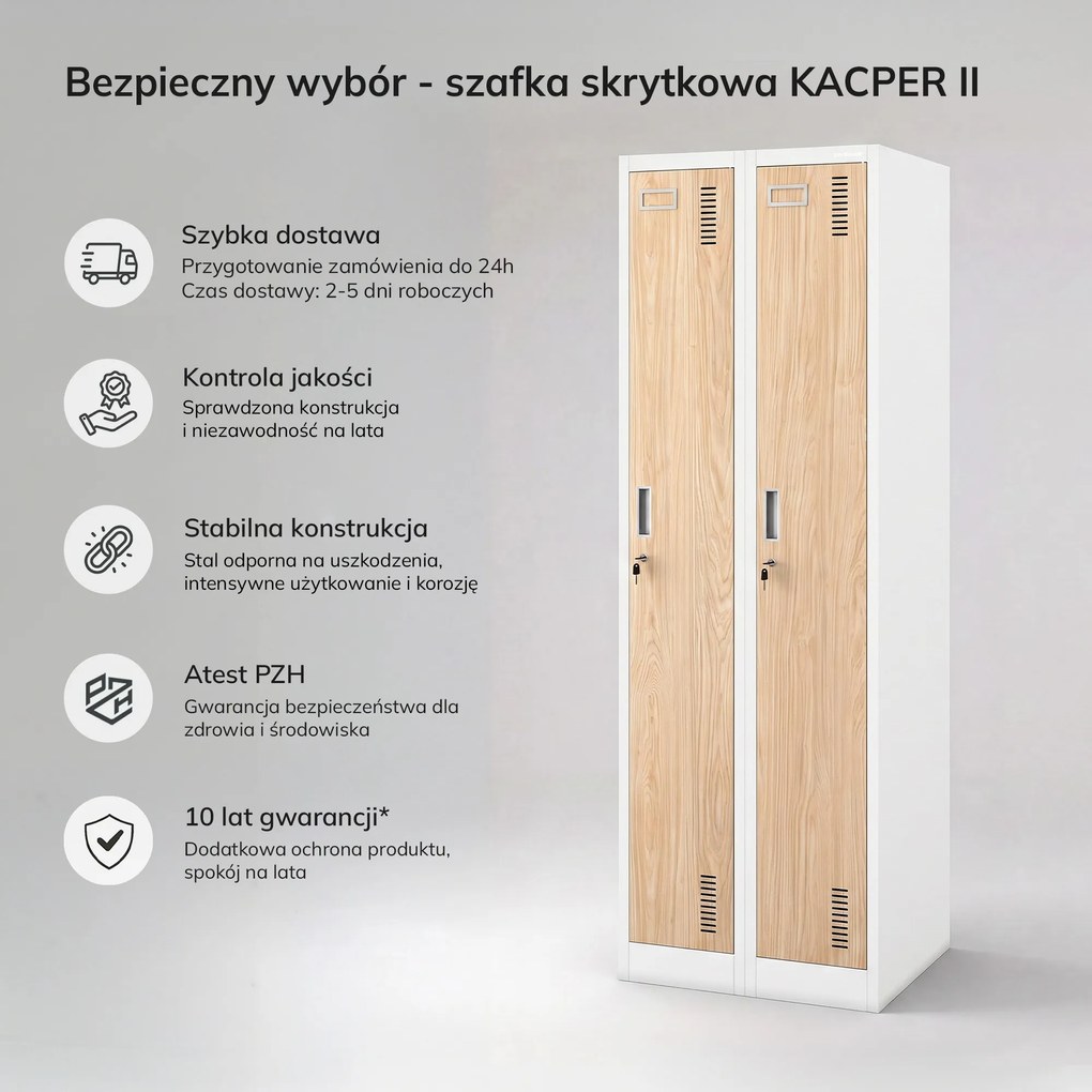 Szafka pracownicza dwukomorowa biała / dąb sonoma: Eco Design KACPER II, 600 x 1800 x 500 mm