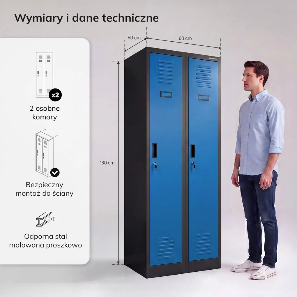 Dwudrzwiowa szafa BHP wąska 60x50x180 cm Kacper 2, antracyt/niebieski