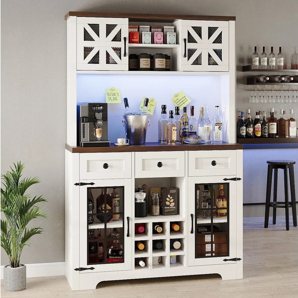 Nowoczesna komoda kuchenna - 120 x 40 x 180 cm - z 4 drzwiami szklanymi + 3 szufladami + półkami + diodami LED - MDF + szkło - biała