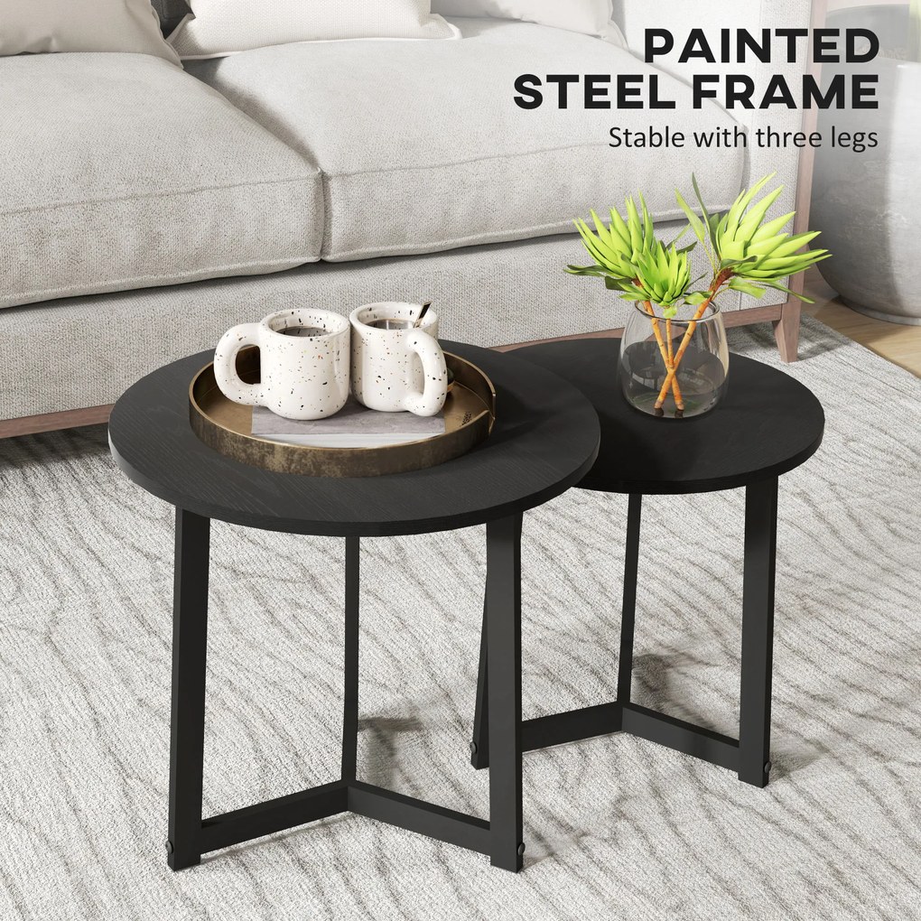 HOMCOM Nowoczesny zestaw 2 stolików kawowych, Rama metalowa, MDF, Okrągły design, Wsuwane, Czarny