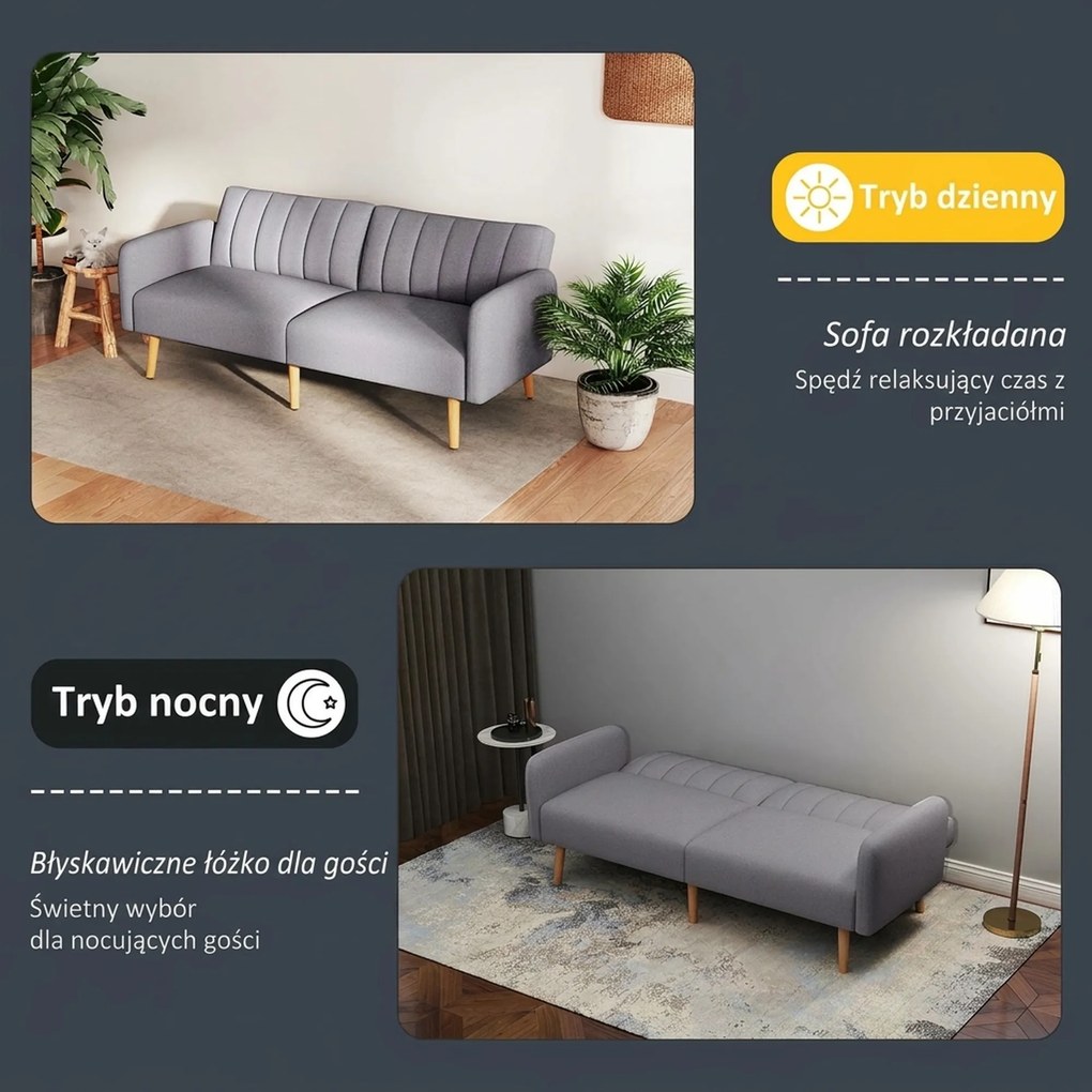 HOMCOM Sofa do spania, dwuosobowa sofa materiałowa, z funkcją spania, polyester stylizowany na len, drewno kauczukowe, 173 x 75 x 73 cm, szara