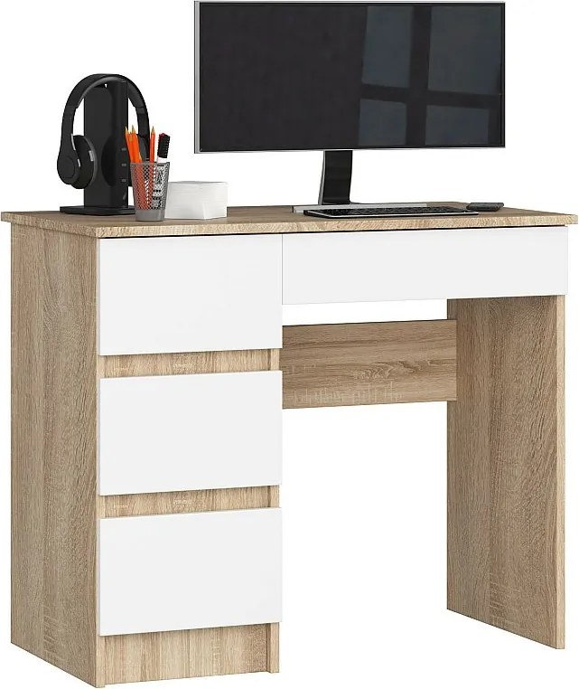 Biurko komputerowe AKORD A7 Dąb Sonoma 90 cm lewe 4 szuflady kolor Biały mat 90x50x77 cm