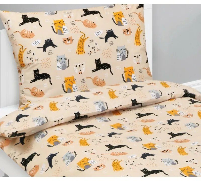 Bellatex Bawełniana pościel dziecięca Junior Cat beżowy, 140 x 200, 70 x 90 cm