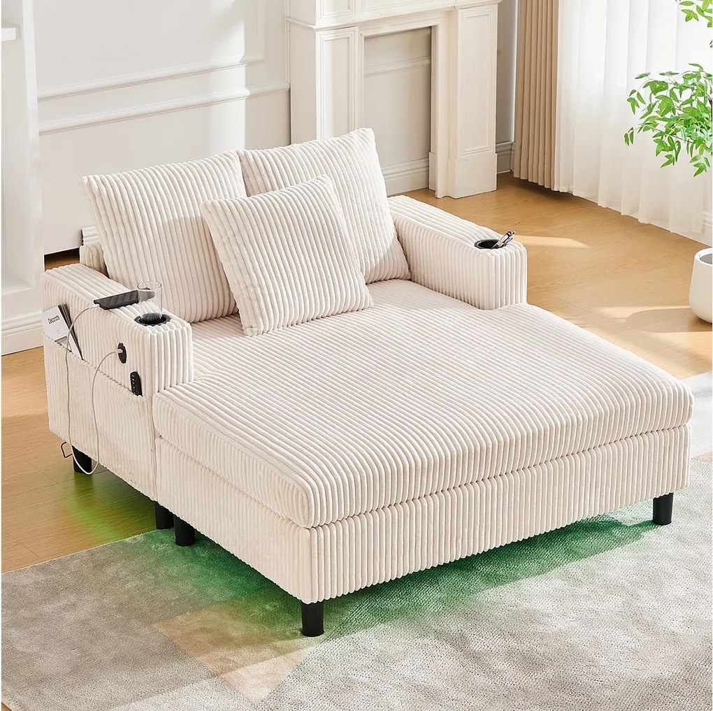 Sofa 3-osobowa rozkładana - 142 x 128 x 85 cm - z uchwytami na kubki + porty USB + diody LED - aksamitna - beżowa