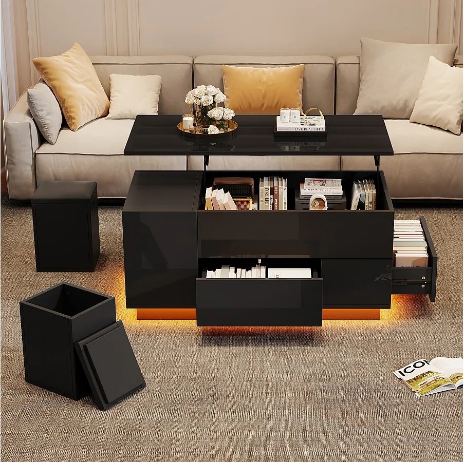 Stolik kawowy 4 w 1 podnoszony - 100 x 50 x 45 cm - z diodami LED + 2 szuflady + 2 hokery - płyta wiórowa - czarny