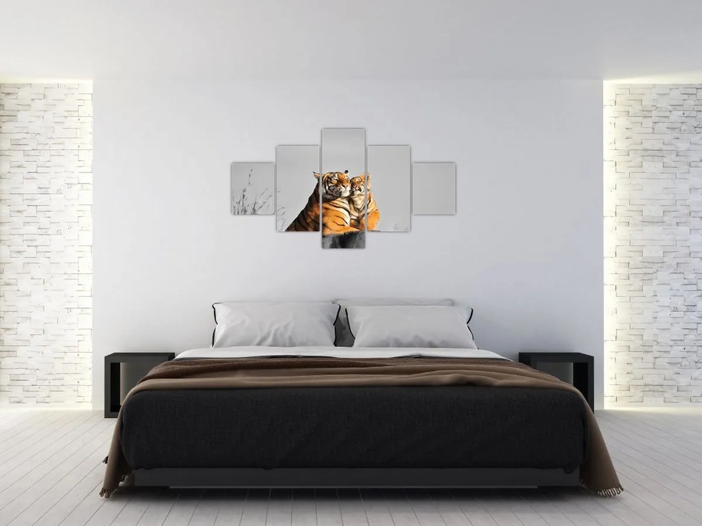 Obraz - Tygrysica i jej młode, wersja czarno - biała (125x70 cm)