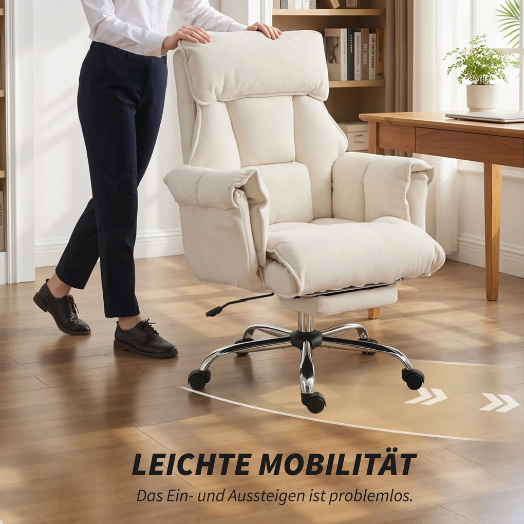 HOMCOM Fotel biurowy regulowany obrotowy z podparciem lędźwiowym, podnóżkiem, śnieżnym flanellem, 80 x 80 x 106-114 cm Cremeweiß | Aosom PL