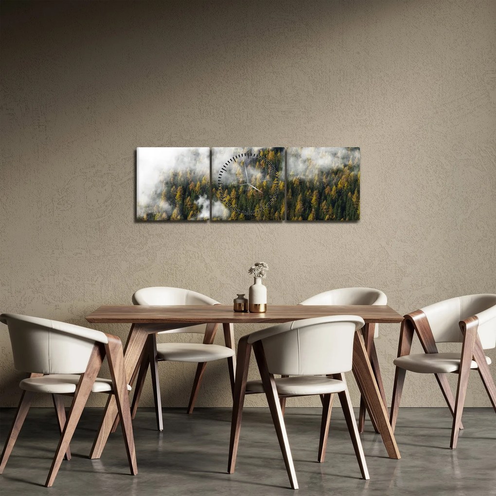 Obraz lasu w chmurach (z zegarem) (90x30 cm)