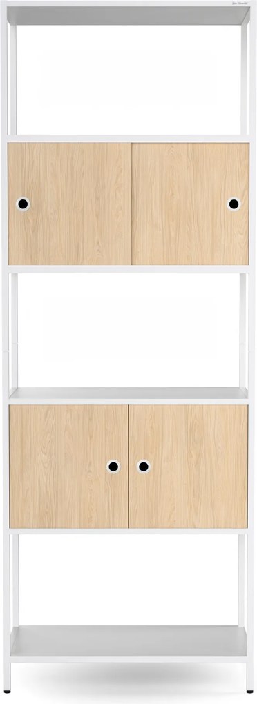 Regał na segregatory z szafką zamykaną, biurowy, otwarte półki, metalowy biały/dąb sonoma, 800x2200x400 mm: ARIEL Eco Design