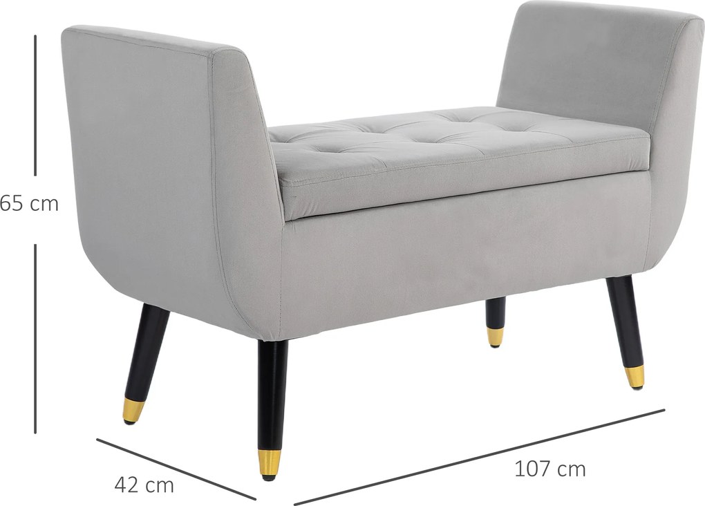 HOMCOM Ławka z miejsca do przechowywania i podłokietnikami, Skrzyniowa, Aksamitny Poliester, Drewno Kauczukowe, Jasnoszary, 107 x 42 x 65 cm