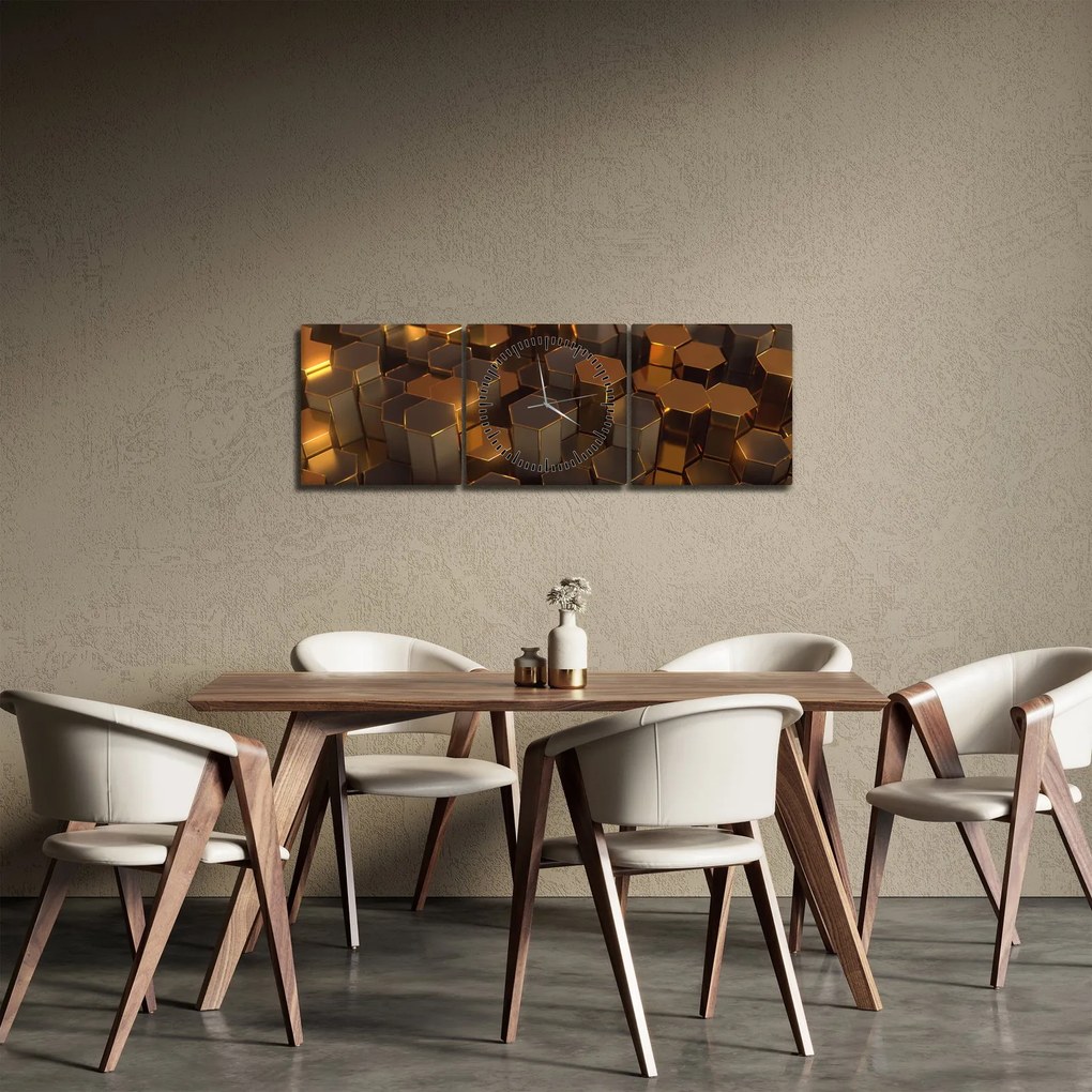 Obraz - Sześciokąty z brązu (z zegarem) (90x30 cm)