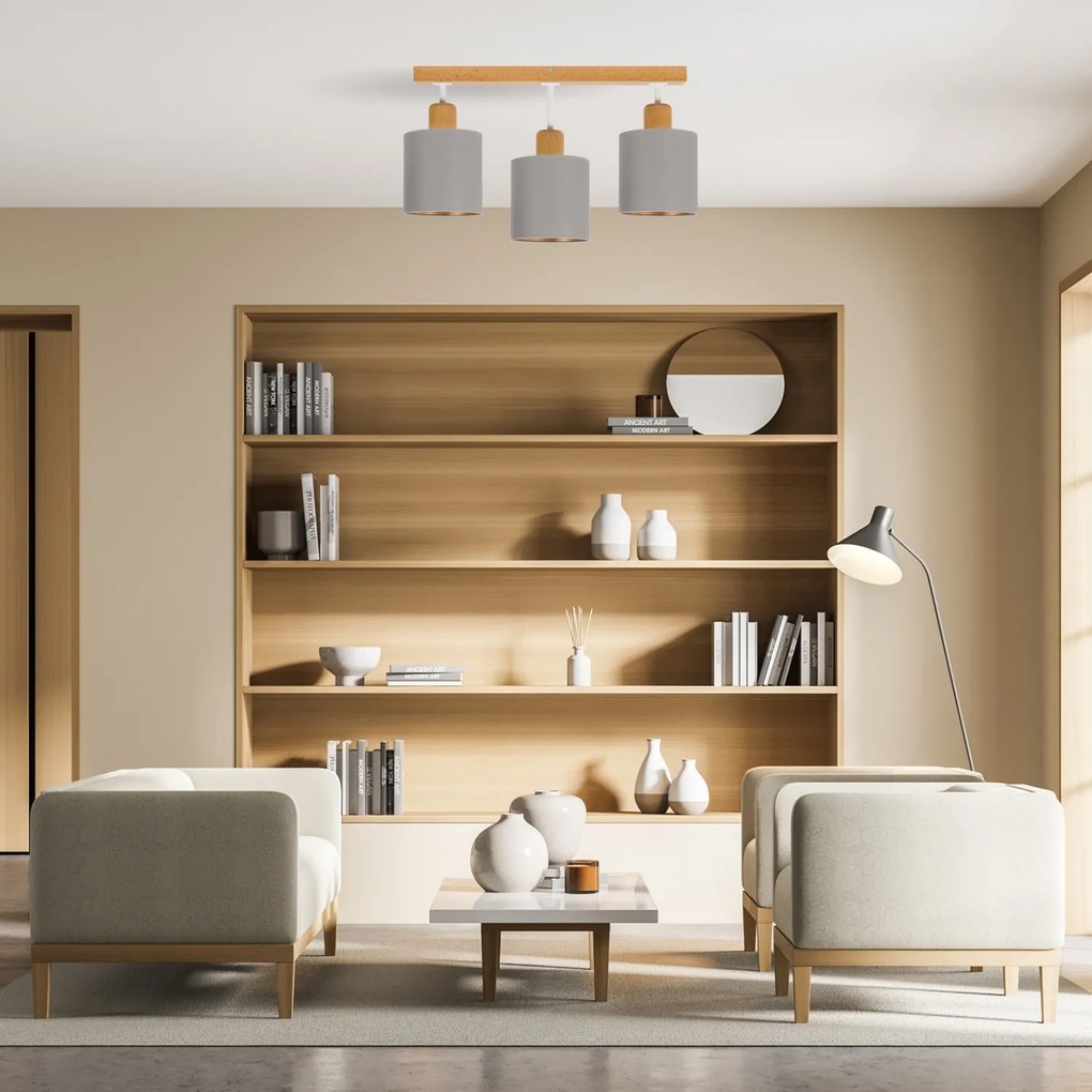 Szara lampa sufitowa, trzypunktowy spot CL-DWE50x7BU-GR z drewna E27