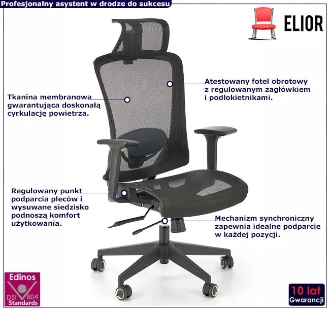 Czarny ergonomiczny obrotowy wentylowany fotel biurowy - Mizo