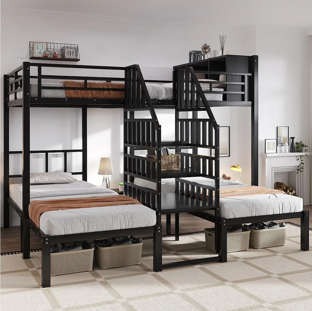 Łóżko piętrowe 3-osobowe z żelaza - 140 x 200 cm + 2 x 90 x 200 cm - ze schodami + schowek - Metalowe - czarne