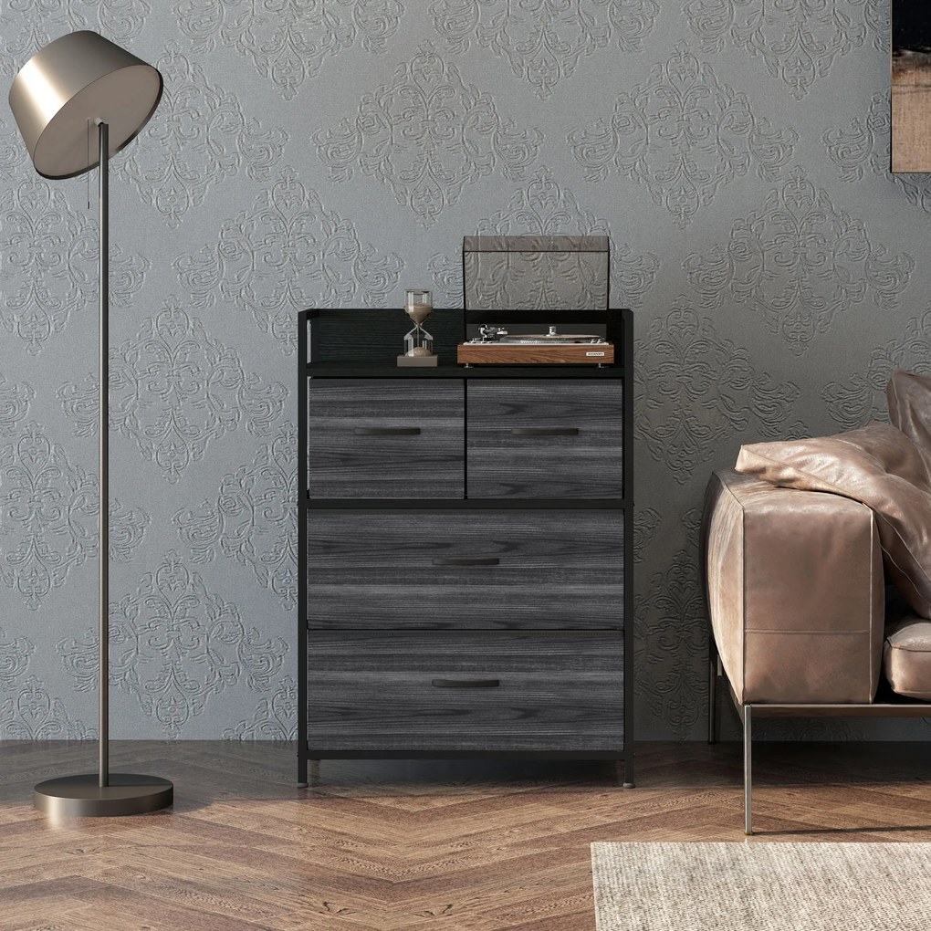 HOMCOM Komoda, sideboard, 4 tkaninowe szuflady, industrialny design, 60x29x85 cm, czarny | Aosom PL