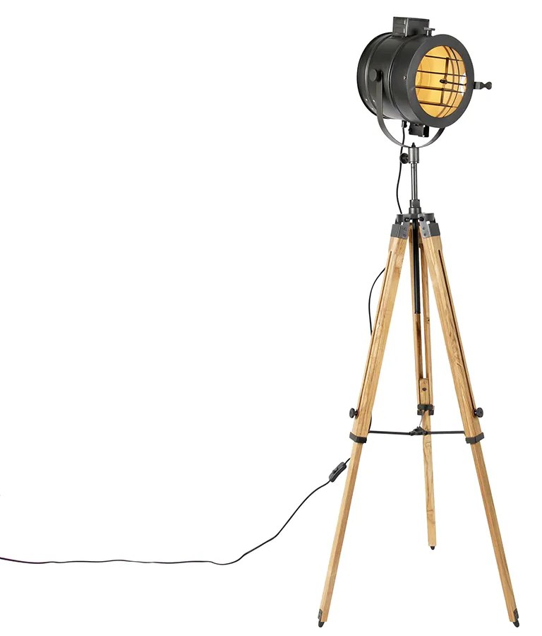Lampa podłogowa na trójnogu czarna z drewnianym kloszem - RadientPrzemysłowy Oswietlenie wewnetrzne