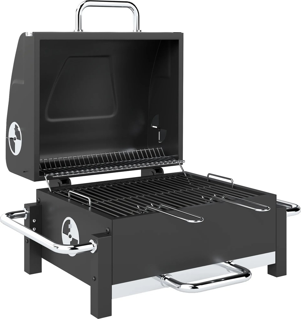 Outsunny Grill na węgiel drzewny ze stali przenośny BBQ Smoker z pokrywą regulowanymi otworami wentylacyjnymi dwupoziomowy pojemnik na węgiel termometr | Aosom PL