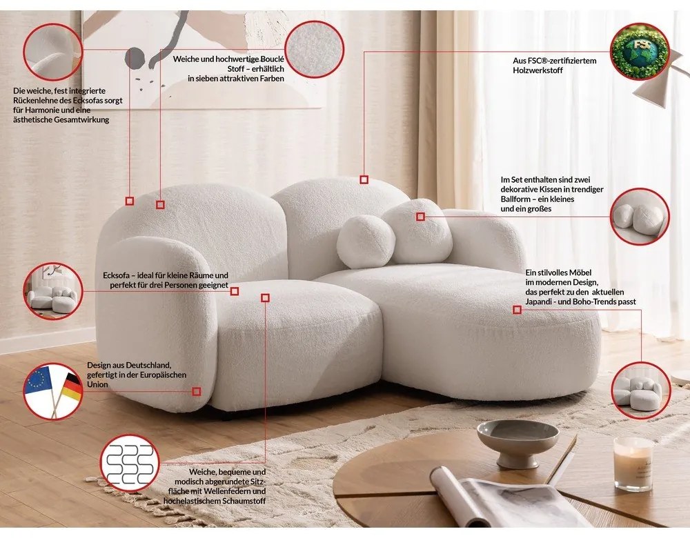 Kremowy narożnik z materiału bouclé (prawostronny/z szezlongiem) Orbit – Ropez